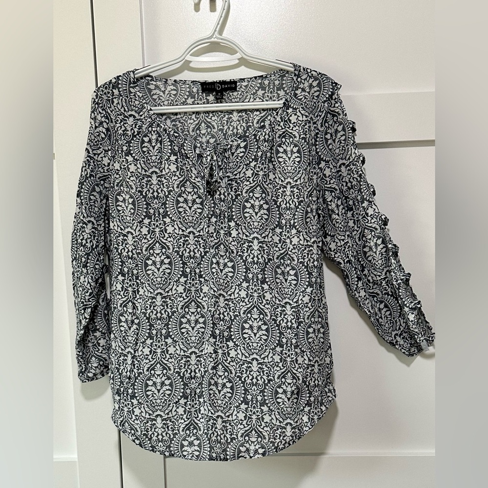 Fred David Grey & White Print Blouse - Size M